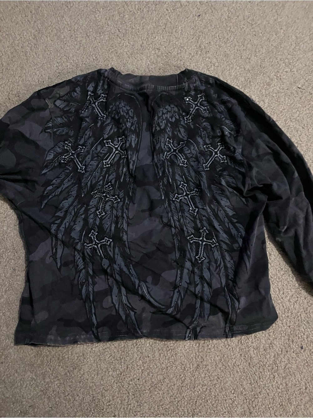 Affliction Black Gray Camo Long Sleeve Tee with Wing & Cross Graphic